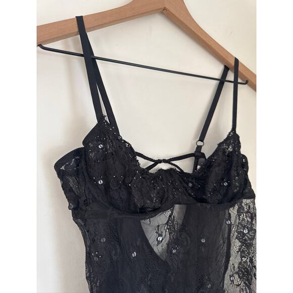 Victoria's Secret Vintage Black Lace Sheer Sequin Corset Camisole Lingerie - 36B - Picture 2 of 7